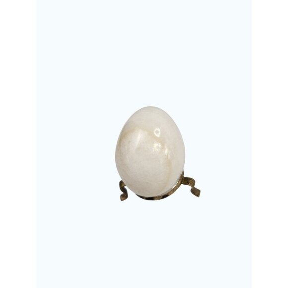 White Onyx Stone Egg With Vintage Gold-Tone Metal Stand Victorian Decor Vintage - Picture 3 of 12